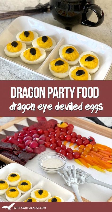 7 Deadly Sins Dinner Party, Fantasy Party Food Ideas, Dragon Themed Appetizers, Dragon Eye Deviled Eggs, Dragon Deviled Eggs, Dnd Appetizers, Fantasy Themed Snacks, Dragon Appetizers, Dungeons And Dragons Snack Ideas