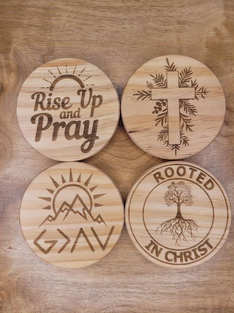 Elevate your drinking experience with our stunning Christian wood coasters. These laser-engraved beauties add a touch of elegance and faith to any space. -Laser-engraved with inspiring Christian designs -Set of 4 coasters to mix and match -Durable wood construction protects your furniture -Approximately 4 inch coasters Our Christian wood coasters are the perfect way to showcase your beliefs while protecting your home. The intricate engravings add a sophisticated, reverent touch that complements any decor. Whether you're sipping your morning coffee or hosting friends, these coasters will elevate the moment and remind you of your faith. These coasters make a wonderful gift for the Christian in your life. Inspire them to pause, reflect, and honor their beliefs with each use. Add a thoughtful, Funny Coasters Sayings, Christian Coasters, Wood Burned Coasters, Engraved Coasters, Coos Bay, Coaster Art, Laser Engraved Gifts, Laser Engraved Ideas, Christian Designs