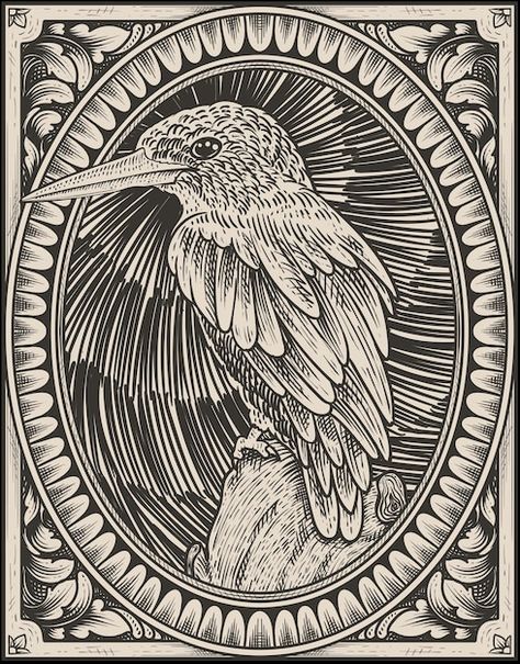 Illustration vintage beautiful bird with... | Premium Vector #Freepik #vector #vintage-animal #vintage-bird #etching #engraving Etching Drawing Illustration, Vintage Ink Illustrations, Bird Etching, Bird Engraving, Scrimshaw Art, Birds Illustration, Engraving Tattoo, Vintage Bird Illustration, Woodcut Art