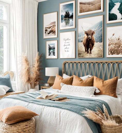 Breathtaking nature gallery wall Highland cow prints oak frames - Bedroom - Posterstore.com Design Ložnic, Minimalist Dekor, Gallery Wall Inspiration, Style Deco, Room Makeover Bedroom, Bedroom Green, Master Bedrooms Decor, Inspiration Wall, Room Inspiration Bedroom