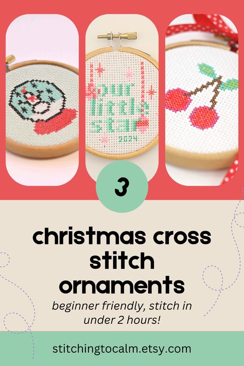 Stitch your way to a festive home with our beginner-friendly Christmas cross stitch ornaments! Perfect for crafty holiday decor or heartfelt handmade gifts.
✅ 3 adorable designs: Snow globe, 'Your little star', and Cherries
✅ Easy patterns - complete in under 2 hours each
✅ Great for beginners and seasoned stitchers alike

Start your holiday crafting now! 
#ChristmasCrossStitch #DIYOrnaments #HandmadeChristmas #BeginnerCrossStitch #EtsyCrafts Christmas Cross Stitch Ornaments, Cross Stitch Camping, Cross Stitch Ornaments, Stitch Ornaments, Easy Patterns, Fun Hobbies, Positive Emotions, Christmas Cross, Snow Globe