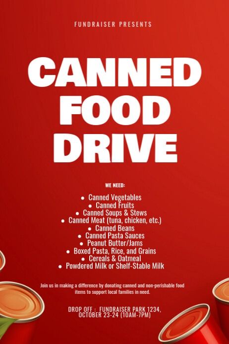 Red Illustrative Canned Food Drive Poster | PosterMyWall Food Drive Poster, Food Drive Flyer, Canned Food Drive, Drive Poster, Non Perishable Foods, Canned Fruits, Islamic Events, Fundraiser Flyer, Poster Template Free