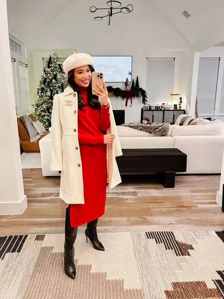 Winter outfit with a red sweater dress and white wool coat. Linking my favorite silk cashmere tights that are super warm and leather knee high boots that can be dressed up or down. Love this Chanel brooch and beret for a chic touch! #LTKstyletip #LTKshoecrush #LTKHoliday Red Winter Dress Outfit, Sweater Dress Christmas Outfit, Red Dress Winter Outfit, Beige Coat Outfit Winter, Red Sweater Dress Outfit, Red Sweater Outfit Winter, Japan Spring Fashion, Outfit Vestido Rojo, Red Winter Dresses