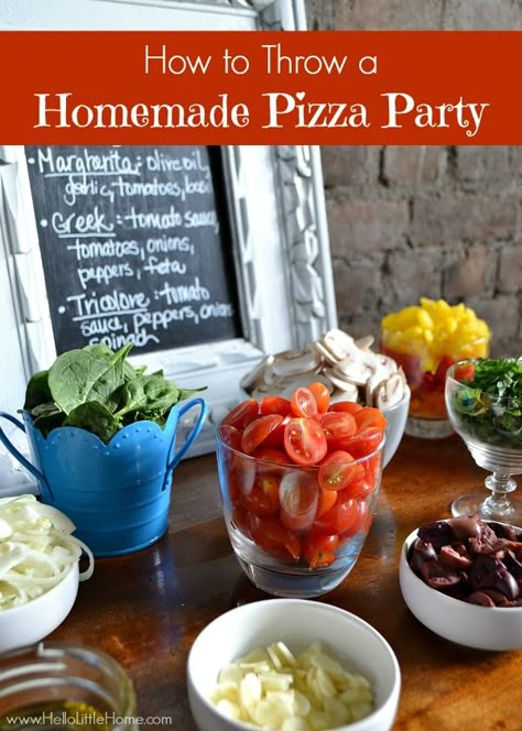 Learn how to throw a homemade pizza party! | Hello Little Home Pizza Party Menu, Homemade Pizza Party, Pizza Bar Party, Tuscan Party, Pizza Dinner Party, Pizza Party Ideas, Pizza Dinner, Make Your Own Pizza, Diy Pizza