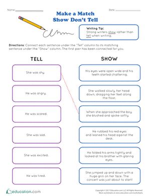 Fourth Grade Reading & Writing Worksheets: Make a Match: Show Don’t Tell Show Not Tell Writing Examples, Show Not Tell Writing Activities, Show Don't Tell Writing Activities, Show Dont Tell Writing Lesson, Show Don't Tell Writing Examples, Descriptive Writing Worksheet, Setting Description Writing, Graphic Organizer For Writing, Summary Graphic Organizer