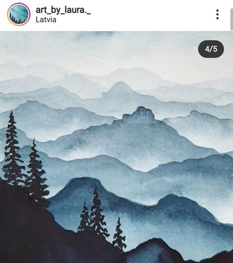 Watercolor Trees Mountains, Monochromatic Mountain Painting, Watercolor Mountains And Trees, Mountain Watercolour Painting, Monochromatic Painting Watercolors, Simple Mountain Watercolor, Easy Watercolor Mountains, Tempera Painting Ideas, Watercolor Art Landscape Simple