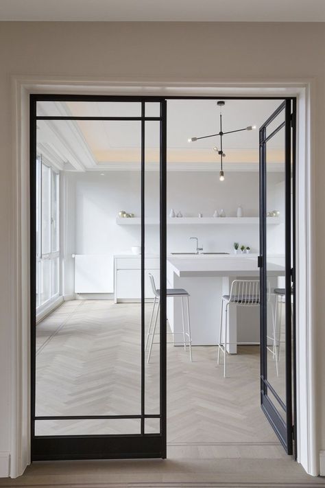 Crittal Doors, Steel Frame Doors, Internal Glass Doors, Doors Interior Modern, Glass Doors Interior, Kitchen And Dining Room, White Doors, Doors And Windows, House Doors