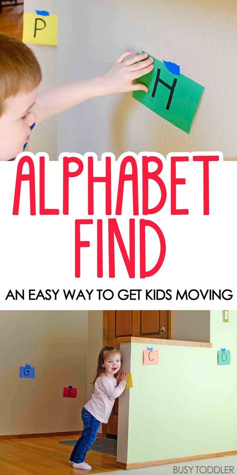 Alphabet Find Learning Activity: What a fun and easy way to get kids active and moving! A perfect learning activity for toddlers and preschoolers working on their alphabet. Toddler Alphabet, Maluchy Montessori, Alphabet Learning, Activity For Toddlers, Fun Indoor Activities, Alphabet Activities Preschool, Educational Activities For Kids, Toddler Snacks, Alphabet Preschool