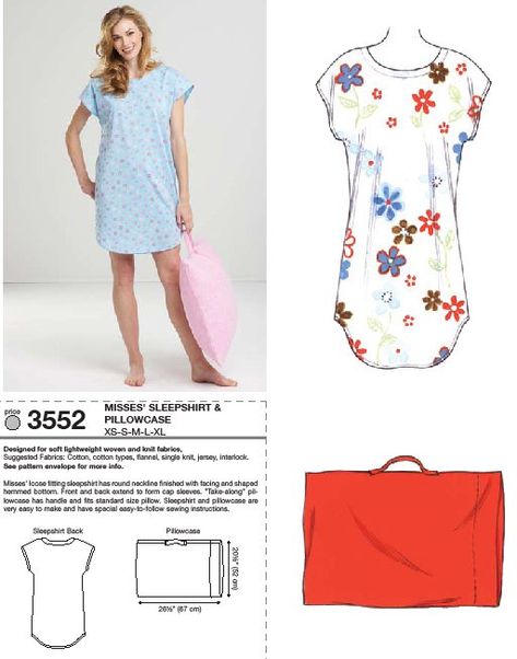 Purchase Kwik Sew 3552 Sleep Shirt and Pillowcase and read its pattern reviews. Find other Easy to Sew, Loungewear, Sleepwear, sewing patterns... Sleep Shirt Sewing Pattern, Sleep Dress Sewing Pattern, Sleep Shirt Pattern, Nightie Pattern, Pillowcase Sewing, Summer Nightgown, Nightgown Pattern, Kwik Sew Patterns, Night Gowns