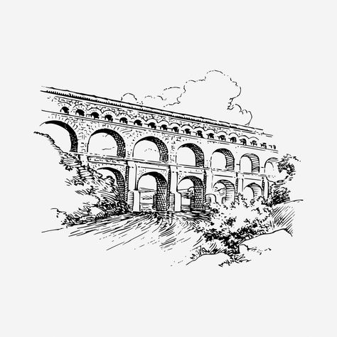 Roman Aqueduct Drawing, Aqueduct Drawing, Roman Architecture Drawing, Roman Bridge, Bridge Drawing, Ancient Roman Architecture, Roman Aqueduct, Drawing Vintage, Roman Architecture