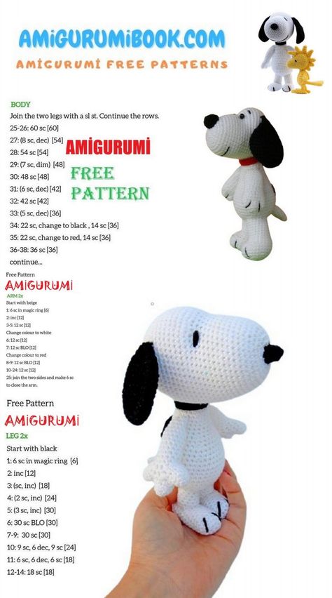 Dog Snoopy Amigurumi Free Pattern - Amigurumibook.com Dog Amigurumi Free Pattern Crochet, Crochet Music Teacher Gifts, Amigurumi Snoopy Free Pattern, Crochet Snoopy Free Pattern Amigurumi, Snoopy Amigurumi Free Pattern, Crochet Bluey Amigurumi Free Pattern, Snoopy Crochet Pattern Free, Snoopy Crochet Pattern, Dog Amigurumi Free Pattern