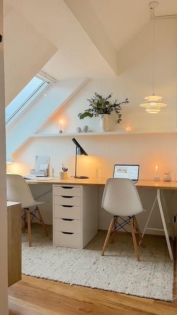 Double Desks Home Office, Loft Room Office, Home Double Office, Attic Room Office, Home Office Loft Ideas, Shared Desk Home Office, Home Office Ideas Ikea, Office Home Ideas, Home Office Double Desk