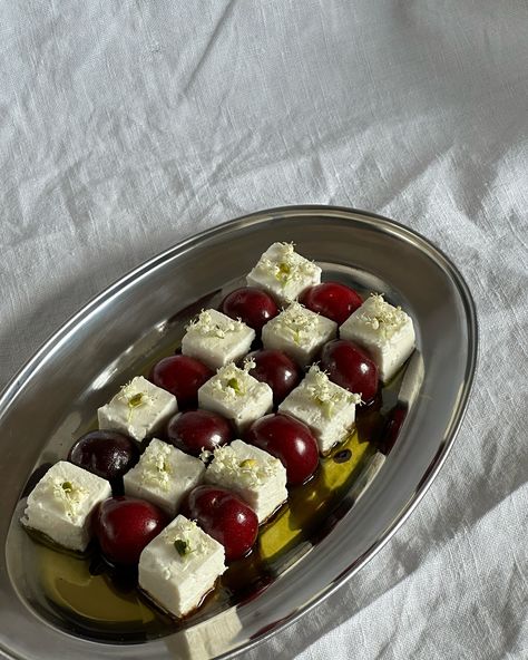 Elderflowers on the Cherry feta salad. Because Elderflowers make everything better! #cherry #cherries #feta #food #foodstyling #foodstylist #catering #cateringberlin #elderflower #elderflowers #holunder #holunderblüten Fruit Salad Wedding, Food As Art, Cherry Dinner Party, Charcuterie Tower, French Party Food, Dinner Parties Aesthetic, Brunch Ideas Party, Dinner Party Foods, Pretty Salads