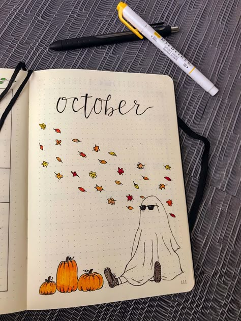 October Aesthetic Painting, October Notes Ideas, October Page Bullet Journal, Ghost Bujo Theme, Fall Drawings Aesthetic Easy, Halloween Themed Bullet Journal, October Title Page Bullet Journal, October Bujo Ideas, Halloween Journal Pages