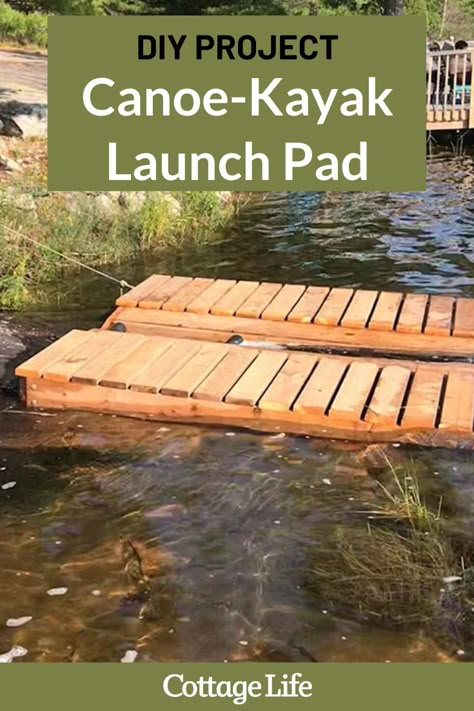 This DIY kayak and canoe launch pad will change the way you start your paddle. #DIY #project #woodworking #build #canoe #kayak #watersports #CottageLife Kayak Ramp Diy, Kayak Dock Launch Diy, Diy Kayak Launch Ramp, Kayak Dock Launch, Paddle Boat Storage, Diy Kayak Launch, Kayak Launch Ramp, Dock Ideas Lakeside, Canoe Pond