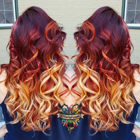 Kasey O'Hara™ (@hairbykaseyoh) • Instagram photos and videos Fall Ombre Hair, Fire Ombre Hair, Fire Hair Color, Ombre Hair Tutorial, Sunset Hair Color, Cheveux Oranges, Cinnamon Hair, Sunset Hair, Fire Hair