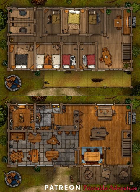 A simple tavern battlemap for Dnd or other tabletop games. Tavern Battlemap, Dnd World Map, Building Map, Battle Map, Dungeon Master's Guide, Savage Worlds, Dnd Dragons, Tabletop Rpg Maps, Rpg Map