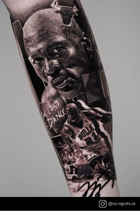 Black And Grey Leg Tattoos For Men, Michael Jordan Tattoos, Michael Jordan Tattoo Design, Michael Jordan Tattoo Ideas, Jordan Tattoo Ideas, Half Leg Tattoo Men Sleeve, Bach Idea, Michael Jordan Tattoo, Kobe Bryant Tattoo