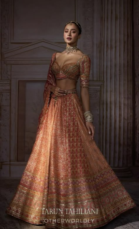 Indian Prom Dresses Lengha, Rust Orange Lehenga, Reception Lengha, Indian Prom Dresses, Indian Outfits Modern, Beige Saree, Indian Sari Dress, Indian Bride Outfits, Latest Bridal Dresses