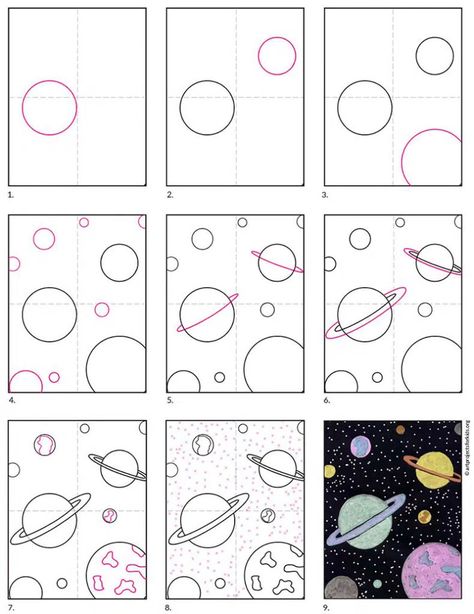 Easy How to Draw Planets Tutorial · Art Projects for Kids Planet Coloring Pages, Galaxy Drawings, Art Mini Toile, ليلو وستيتش, Planet Painting, Planet Drawing, Art Spatial, Seni Pastel, Space Drawings