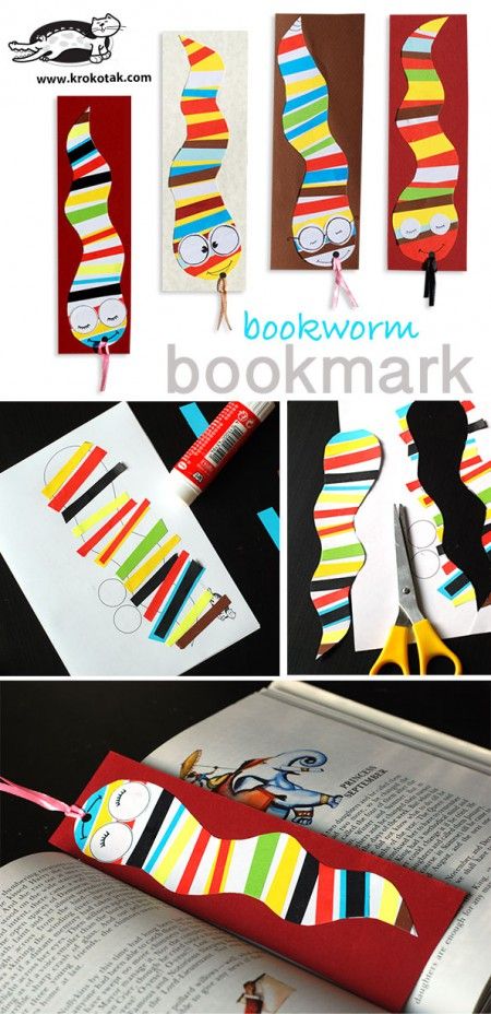 Wat heb je nodig: wit of gekleurd papier voor de basis, restjes gekleurd papier voor de strepen + een schaar en lijm. Succes :))) Bookworm Bookmark, Vika Papper, Storytime Crafts, Homeschool Crafts, Children Activities, Bookmark Craft, Bookmarks Kids, Diy Bookmarks, Spring Cards