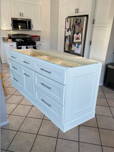 "Brand new custom made white kitchen island w/o top, it has one center trash tray, two vertical drawers on each side. Fully assembled kitchen island. If you are looking for a kitchen island designed specifically for your needs, we will be happy to help you. Our cabinets are custom made in Los Angeles, CA. Each cabinet is given undivided attention to detail. All soft close for drawer/doors (except interior trays). Dimensions Width: 84\" Depth:24\" . Height:34.5\" Feature options with an additional cost. Shipping time: delivery time frame is 1-2 weeks after order The freight charge is curbside only and the driver won't deliver into your house, also the driveway is in good condition otherwise buyer may need to pick up their shipment at trucking terminal at buyer additional expense beside frei Kitchen Island Ikea Cabinets, Kitchen Island With Ikea Cabinets, Peninsula Base Cabinets, Kitchen Island With Drawers And Cabinets, 3x8 Kitchen Island, Kitchen Island Storage Ideas Layout, 6 Foot Kitchen Island, Kitchen Island Drawers Layout, Kitchen Island Against Wall