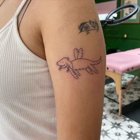 Whimsical Dog Tattoo, Vintage Dog Tattoo, Earthy Tattoos, Angel Boy, Dog Angel, Angel Wings Tattoo, Petite Tattoos, Wing Tattoo, Hand Poke