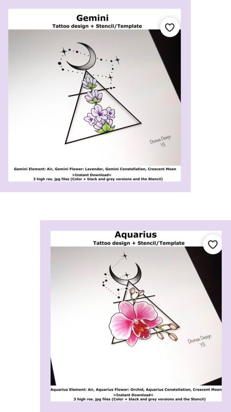 Aquarius Tattoo Elements, Aquarius Element Tattoo, Aquarius Flower Tattoo, Oliver Tattoo, Three Tattoo, Gemini Flower, Aquarius Flower, Rapunzel Birthday Invitation, Matching Friendship Tattoos