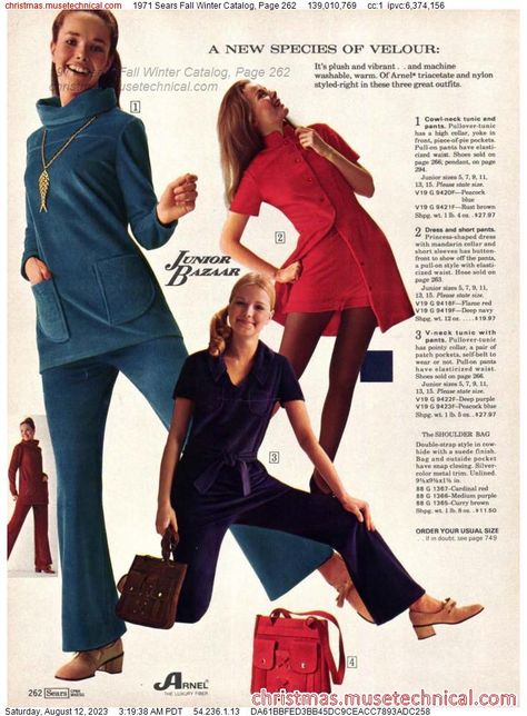 1971 Sears Fall Winter Catalog, Page 262 - Catalogs & Wishbooks 70s Catalog, 1970s Fashion Women, Superstar Barbie, Christmas Catalogs, 1970s Fashion, 70s Fashion, Trouser Pants, Green Dress, Fashion Women