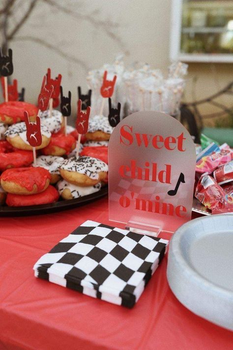 Rock Show Birthday Party, Rock N Roll Party Centerpieces, Two Year Old Rock Party, Rock Star 1st Birthday Party Ideas, Bon Jovi Themed Party, Rocker First Birthday Party, One Rocks First Birthday Backdrop, Rock N Roll 3rd Birthday Party, One Rocks Backdrop