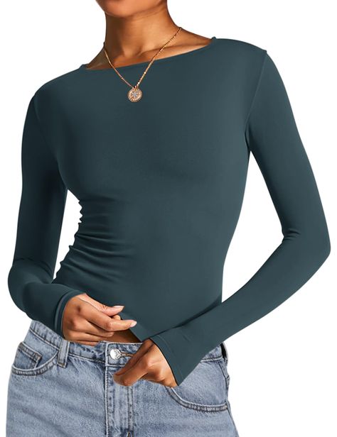 PRICES MAY VARY. Inject some pastel hues into your new season wardrobe with this fitted long sleeve crop top! AKEWEI tight long sleeve shirt, offers a buttery soft, lightweight and stretchy material (92% Cotton and 8% Spandex), long sleeves, a boat neckline, a flattering slim fit and a crop length. This long sleeve top is an essential piece to your everyday wardrobe doll. Our trendy going out tops for women feature a flattering slim fit and a crop length, with a boat neckline and long sleeves. T Going Out Shirts For Women, Tight T Shirts For Women, Long Sleeves Tops For Women, Cute Fall Tops For Women, Amazon Long Sleeve Shirt, Plain Tops For Women, Where To Get Basics, Fall Work Wear Women, Cute Tops Winter