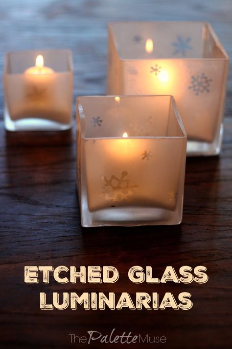 This easy do-it-yourself etched glass candleholder will have your home glowing with light. #decoartprojects #easyetch Glass Etching Diy, Etching Diy, Glass Etching Projects, Cricut Gifts, Pretty Candle, Fake Snow, Candle Ideas, Craft Techniques, Poo Pourri