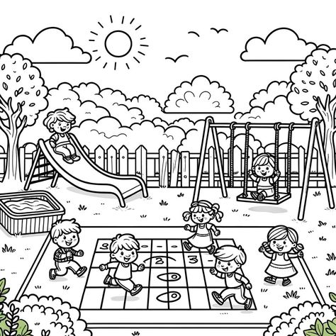 I've created four simple and fun colouring pages for kids, each featuring a unique scene: A sunny beach scene with cartoon animals playing with a beach ball, building sandcastles, and enjoying ice cream. A playground scene with cartoon children sliding, swinging, and playing hopscotch among playground equipment. A farm scene showcasing friendly farm animals around a barn, with a tractor, haystacks, and a vegetable garden. An outer space scene with a friendly astronaut and an alien shaking hands Fun Colouring Pages, Beach Playground, Printable Activity Sheets, Playground Activities, Animals Playing, Space Scene, Play Ground, Shaking Hands, Colouring Sheets