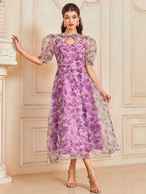 Purple Elegant Collar Short Sleeve Woven Fabric Floral,All Over Print A Line Embellished Non-Stretch  Women Clothing Organza Dress Indian, Short Frocks For Women, Frock Designs For Women, Organza Frocks, Organza Dresses, Short Frocks, Simple Frock Design, Party Dress Classy, Long Frock Designs