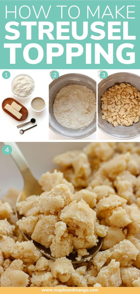 Learn how to make the most delicious butter streusel topping ever! This super yummy cookie-like crumble topping is buttery with the perfect amount of sweetness. It’s crazy good! Can be made in just 5 minutes with a few simple ingredients that I bet you already have in your fridge and pantry. Use as a crumble topping on your favorite baked goods like pies, cakes, muffins and of course crumbles! Or bake it separately and sprinkle over yogurt, ice cream, etc. for a delicious crispy topping. Crumble Recipe Topping, Homemade Crumble, Plum And Apple Crumble, Streusel Topping Recipe, Make Butter, Cream Cheese Danish, Fruit Crumble, Yogurt Ice Cream, Pie Tops