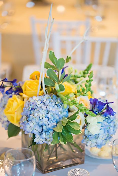 Blue and Yellow Floral Centerpieces Yellow Wedding Flowers Centerpiece, Yellow Wedding Centerpieces, Yellow Flower Arrangements, Yellow Centerpieces, Wedding Flower Guide, Blue Centerpieces, Best Wedding Colors, Yellow Wedding Flowers, Lakeside Wedding