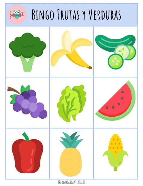 Bingo gigante de frutas y verduras Fruits And Veggies Activities Preschool, Fruits And Vegetables Bulletin Board, Fruit Or Vegetable Preschool Activity, Fruits And Vegetables Printables, Vegetable Bingo Free Printable, Healthy Habits, Bingo, Restaurant