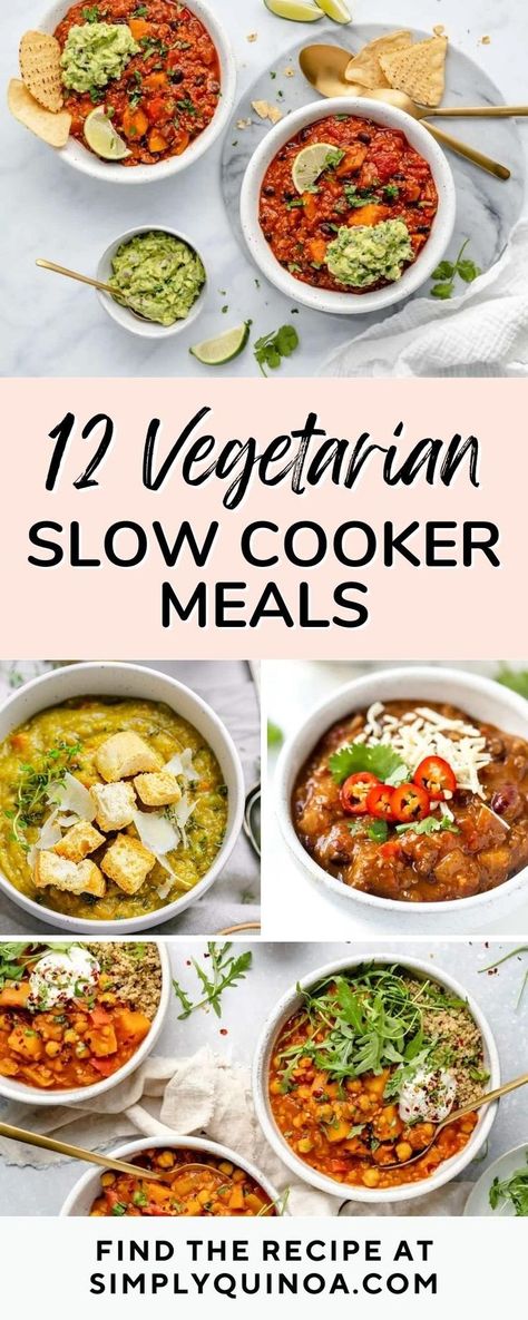 I've rounded up 12 of my absolute favorite Vegetarian Meals that can be made in the Slow Cooker for you! We've got lots of delicious recipes in here. Many of these recipes are my own, but I've also included recipes from some of my favorite bloggers. There's sure to be something for everyone on this list! Crockpot Meal Vegetarian, Slow Cooker Meal Vegetarian, Healthy Meatless Crockpot Recipes, Vegetarian Chili Crock Pot Easy, Slow Cook Vegan Recipes, One Pot Vegetarian Meals Healthy, Vegetarian Pot Roast Slow Cooker, Fall Dinner Recipes Crockpot Vegetarian, Vegetarian Crockpot Dump Meals