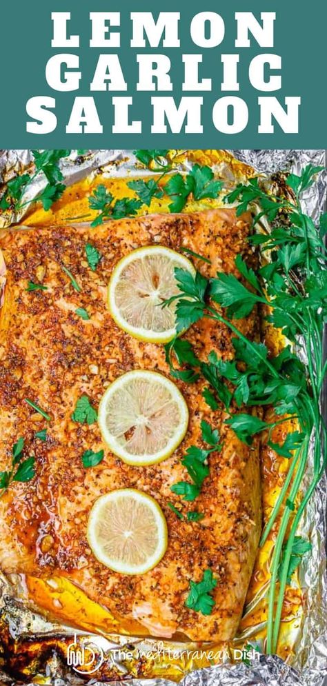 Gluten Free Salmon, Mediterranean Recipes Healthy, Lemon Garlic Salmon, Lemon Garlic Sauce, Mediterranean Diet Recipes Dinners, Med Diet, The Mediterranean Dish, Garlic Salmon, Easy Mediterranean Diet Recipes