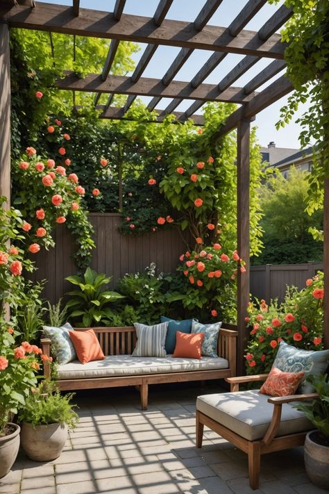 Pergola In Front Yard, Pergola Ideas With Plants, Wall Pergola Ideas, Landscaping Around Pergola, Japanese Pergola Ideas, Landscape Corner Of Yard, Half Pergola Ideas, Pergola Landscaping Ideas, Pergola Courtyard