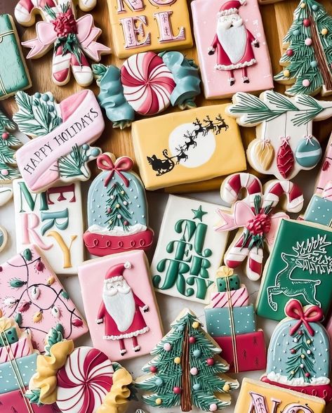 Holiday Cookie Royal Icing, Favorite Things Cookies Decorated, Retro Christmas Cookies, Vintage Christmas Cookies Decorated, Cute Christmas Sugar Cookies, Cookie Staging, Custom Christmas Cookies, Christmas Cookie Card, Colorful Christmas Cookies