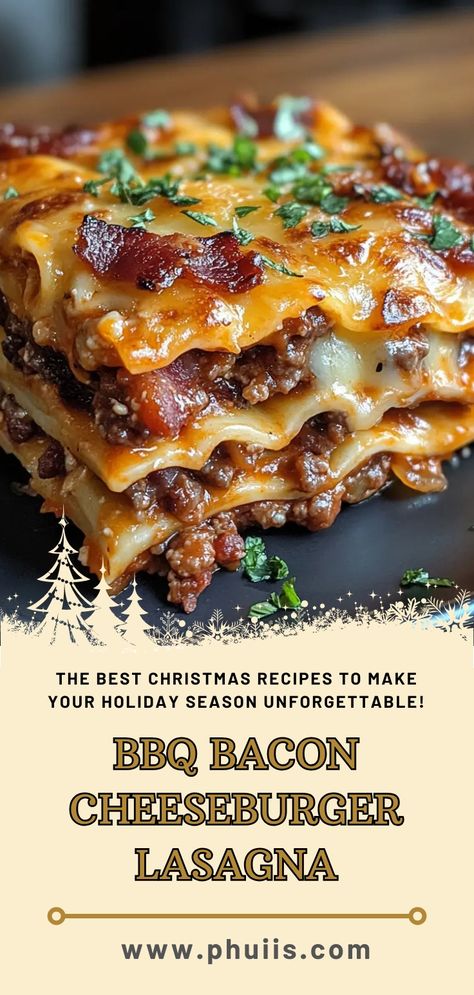 This BBQ Bacon Cheeseburger Lasagna is a mouthwatering fusion dish that brings together the classic flavors of a cheeseburger with the comforting layers of lasagna. Who could resist this decadent dish that combines layers of tender pasta, savory ground beef, crispy bacon, and oozy melted cheese, all smothered in a rich BBQ sauce? It’s a hearty meal that promises to be the star of any dinner table! Cheese Burger Lasagna, Easy Dinner Ideas For Family Ground Beef, Winter Meals With Ground Beef, Ground Beef Christmas Recipes, Easy Dinner Recipes For Family Beef, Bbq Lasagna Recipe, Different Lasagna Ideas, Easy Recipes Dinner Beef, Best Winter Meals Dinners