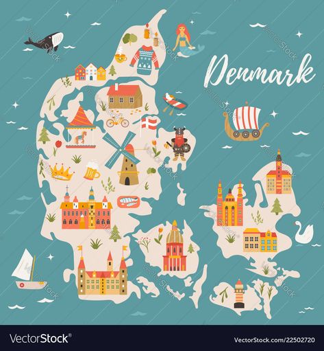 Scandinavian Illustration, Denmark Map, Kingdom Of Denmark, Scandinavian Poster, Cool Birthday Cards, Vintage Poster Design, City Illustration, Travel Illustration, Illustrated Map