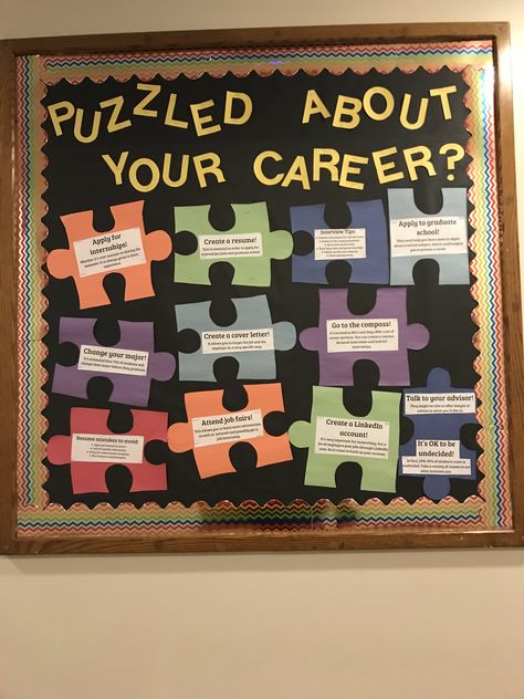 RA bulletin board for career development Career Bulletin Boards, Dorm Bulletin Boards, Notice Board Decoration, Cork Board Ideas, Resident Assistant Bulletin Boards, Counseling Bulletin Boards, High School Bulletin Boards, College Bulletin Boards, Work Bulletin Boards