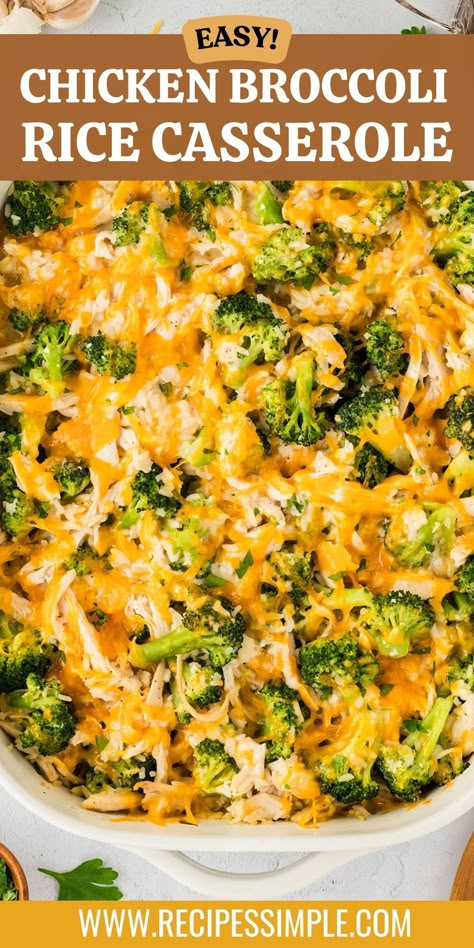 This delicious Easy Chicken Broccoli Rice Casserole is made with hearty chicken, broccoli, rice, and a creamy, cheesy sauce. Try this easy casserole recipe that everyone will love! Chicken Broccoli Rice Cheese Casserole With Mayo, Broccoli Chicken Rice Casserole With Rotisserie Chicken, Chicken Broccoli Rice Cheese Casserole Low Carb, Cream Of Chicken Broccoli Casserole, Chicken Broccoli Rice Cheese Casserole Stovetop, Brocolli Rice Casserole Easy Chicken, Chicken Broccoli Rice Cheese Casserole Easy Cream Of Chicken Recipes, Easy Chicken Recipes Casserole, Quick Chicken And Rice Recipes