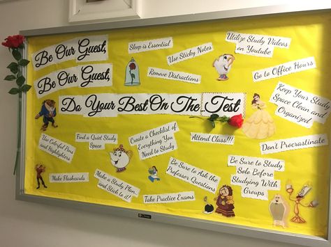 "Be Our Guest, Be Our Guest, Do Your Best on the Test" RA Beauty and the Beast themed Bulletin Board with study tips Beauty And The Beast Bulletin Board, Beauty And The Beast Classroom Theme, Pta Themes, Disney Bulletin Boards, Dorm Themes, College Bulletin Boards, Ra Bulletins, Ra Boards, Ra Bulletin Boards