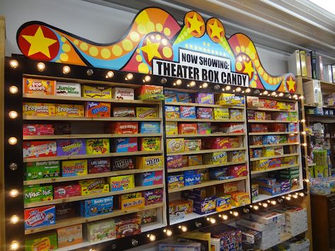 Nice Theatre Box candy display Candy Display Ideas Home, Movie Theater Candy, Candy Store Display, Candy Props, Junior Mints, Mike And Ike, Fish Extender Gifts, Kids Interior Design, Candy Display