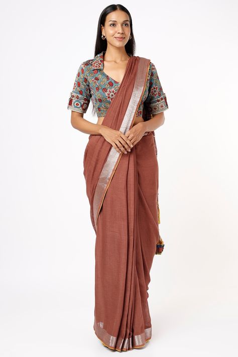 Featuring a brown saree in linen base with embroidery. It is paired with a contrasting chanderi silk blouse having kalamkari hand painting.  FIT: True to size. COMPOSITION: Linen, Chanderi silk. CARE: Dry clean only. Kalamkari Blouse Designs, Brown Saree, Kalamkari Blouse, Embroidered Saree, Contrast Blouse, Indian Fashion Designers, Pernia Pop Up Shop, Hand Painting, Fashion Design Clothes