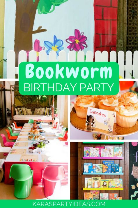 Bookworm Birthday Party via KarasPartyIdeas - KarasPartyIdeas.com Graphic Novel Birthday Party, Library Theme Birthday Party, Book Worm Themed Birthday Party, Bookworm Party Decorations, Books Themed Birthday Party, Book Worm Party Ideas, Book Party Food Ideas, Bookworm Theme Birthday Party, Reading Themed Birthday Party