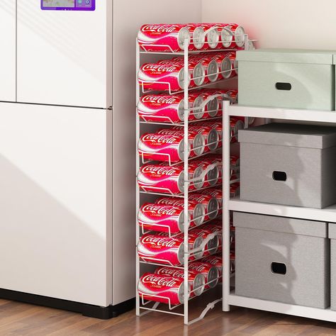 Soft Drink Storage Ideas, Vertical Can Storage, Pop Can Storage Ideas, Drink Storage Ideas Small Spaces, Soda Can Storage Ideas, Soda Storage Ideas, Pop Organization, Drink Storage Ideas, Diy Can Organizer